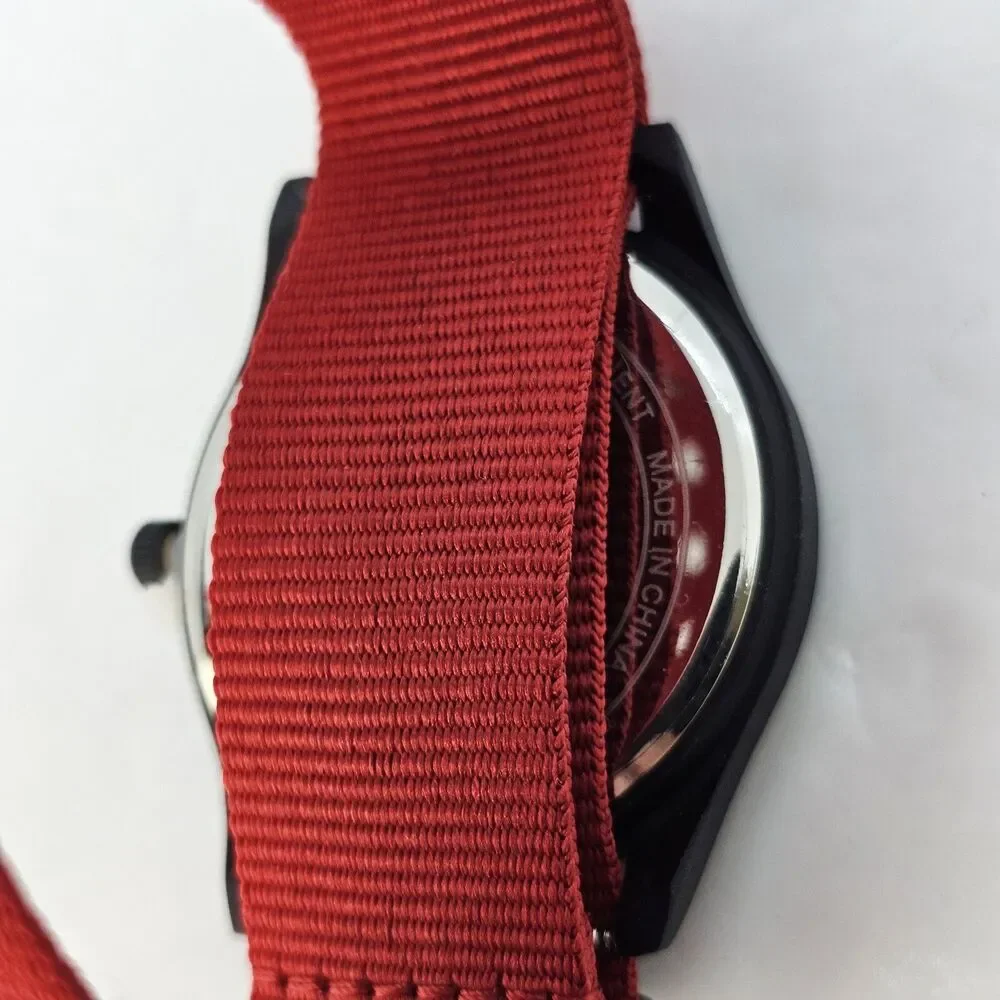Men's Field Watch 42MM Black‎ Dial Black Case Red Canvas Band